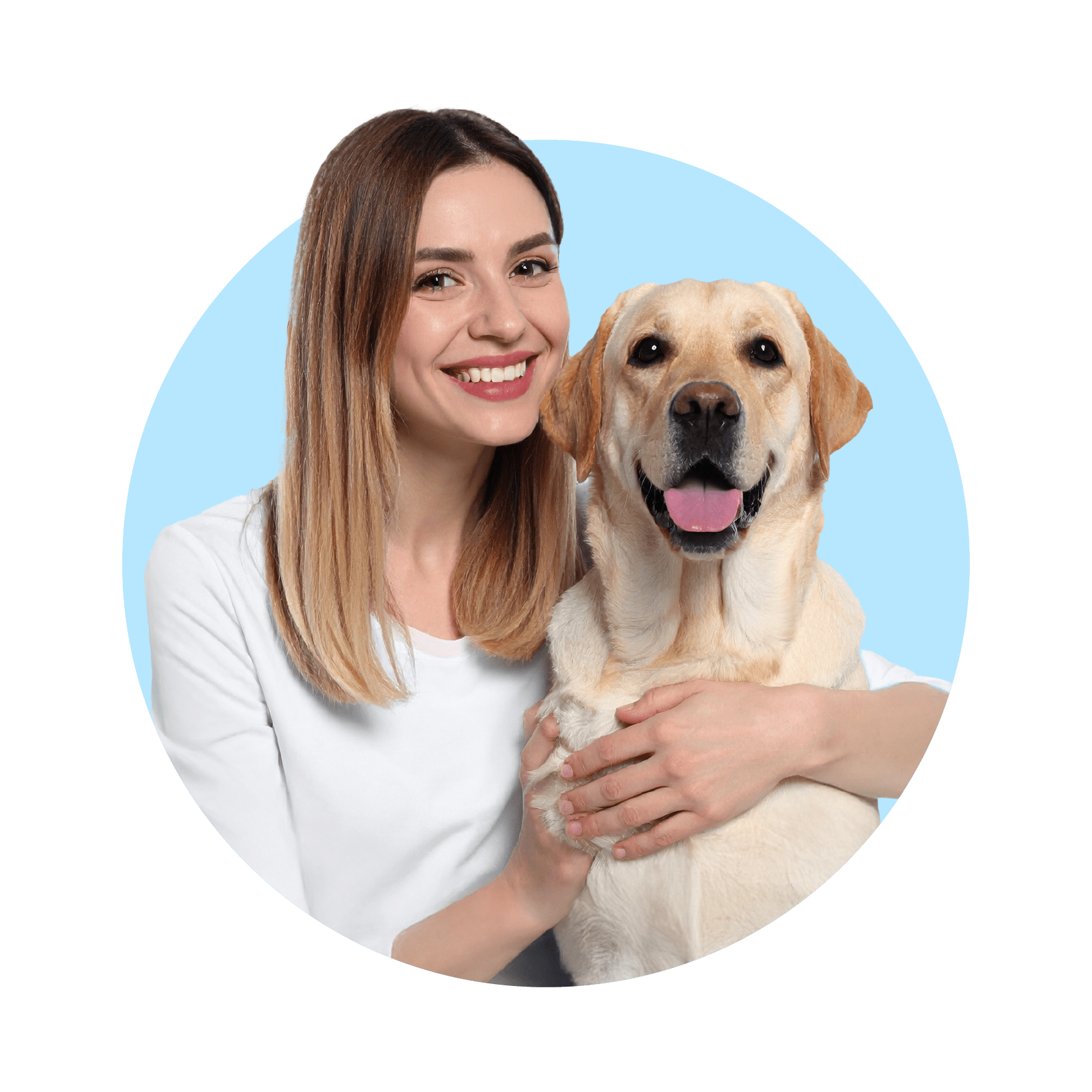 Woman holding a dog with a green background
