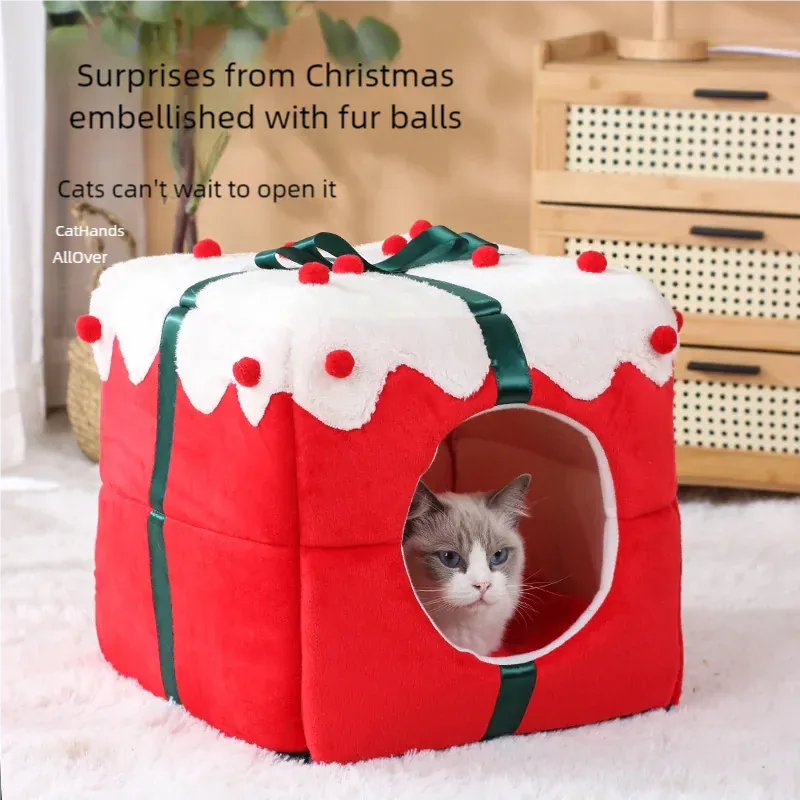 TechnuPet Cat Houses Christmas Box Design Warm Cat Nest Bed