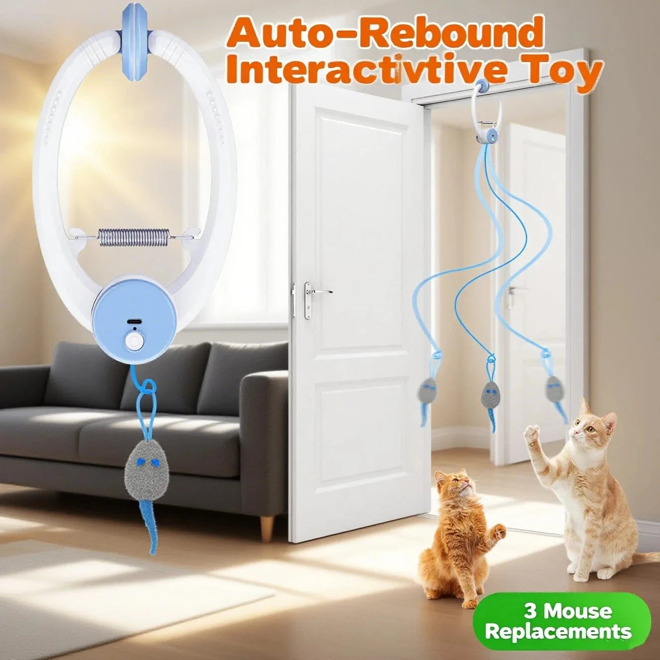TechnuPet Cat Toys White Retractable Hanging Cat Toy with Catnip Mice