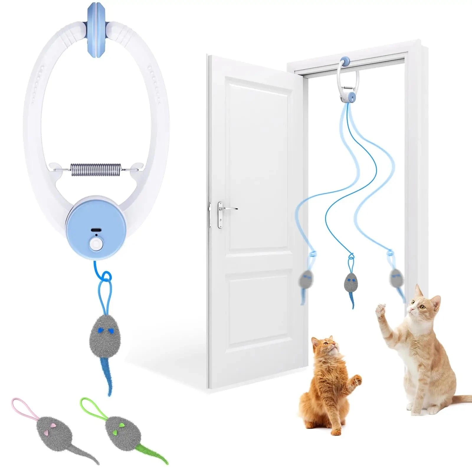 TechnuPet Cat Toys White Retractable Hanging Cat Toy with Catnip Mice