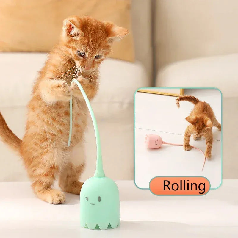 TechnuPet Cat Toys USB Rolling Interactive Cat Ball with Mouse Tail & Teaser Stick