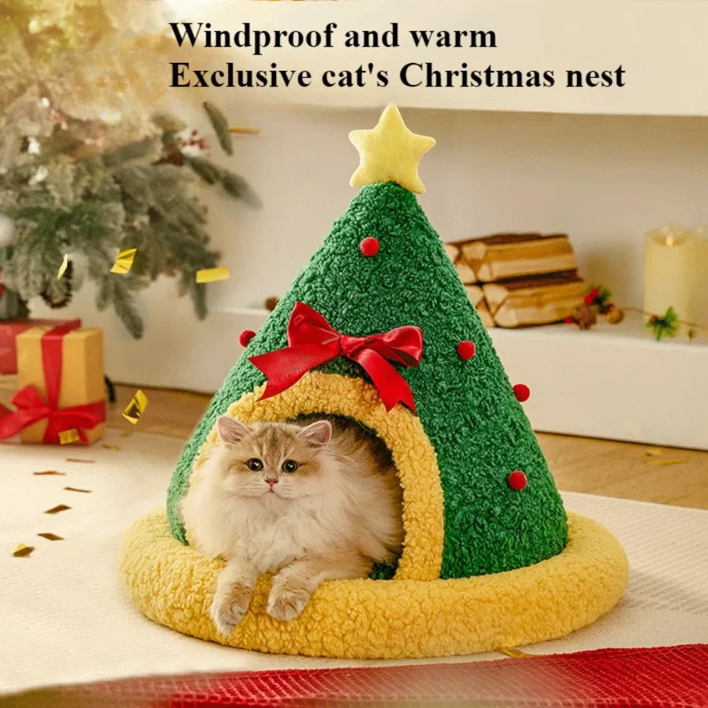 Semi-Closed Christmas Tree Cat & Dog Bed