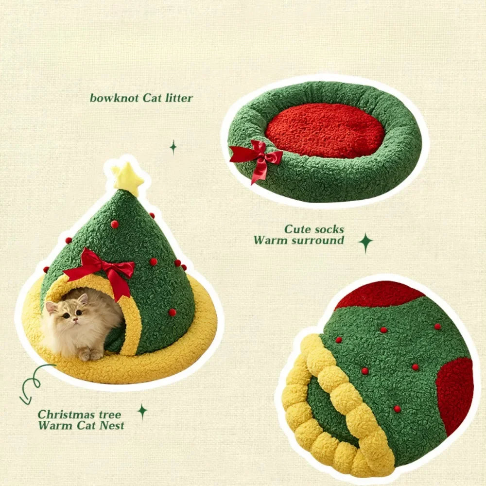 Semi-Closed Christmas Tree Cat & Dog Bed