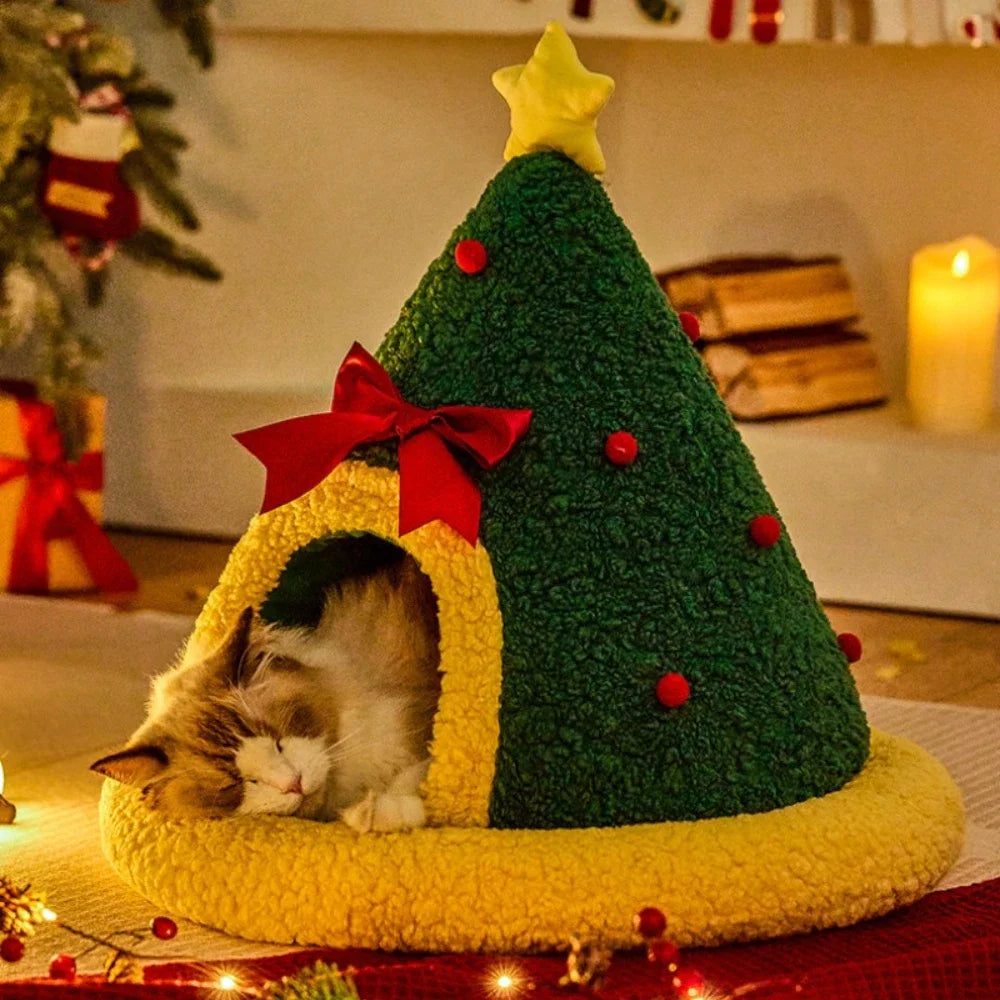Semi-Closed Christmas Tree Cat & Dog Bed