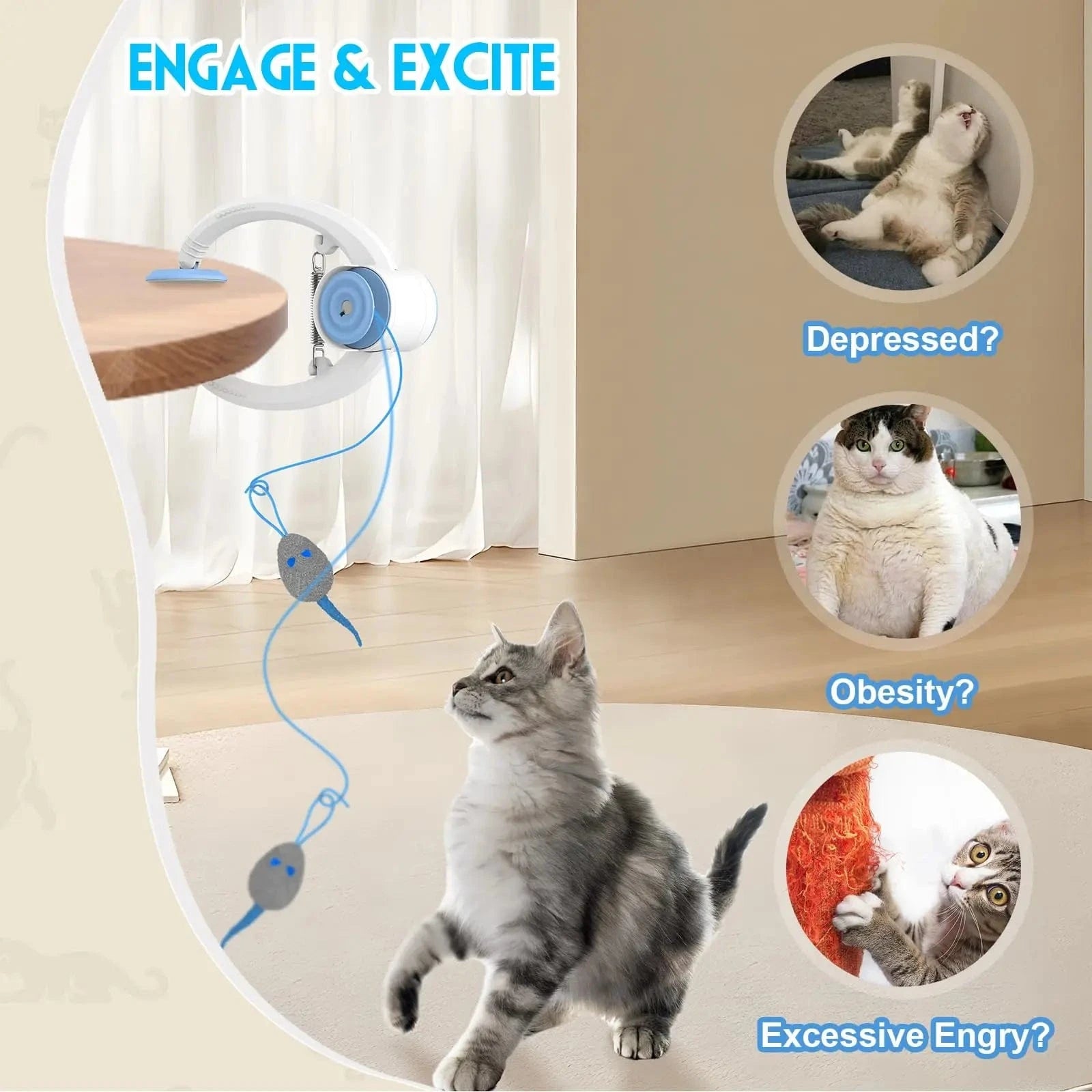 TechnuPet Cat Toys White Retractable Hanging Cat Toy with Catnip Mice