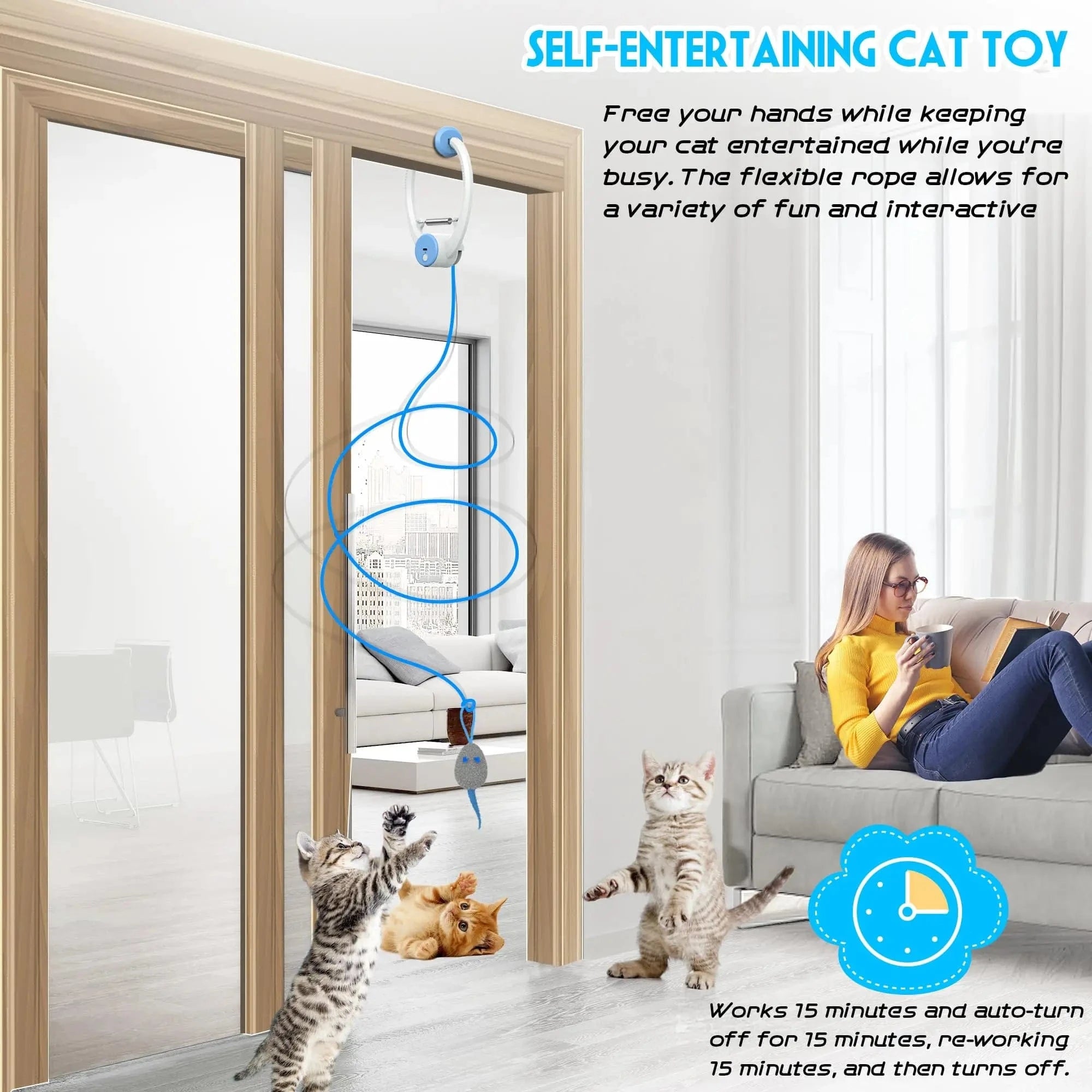 TechnuPet Cat Toys White Retractable Hanging Cat Toy with Catnip Mice